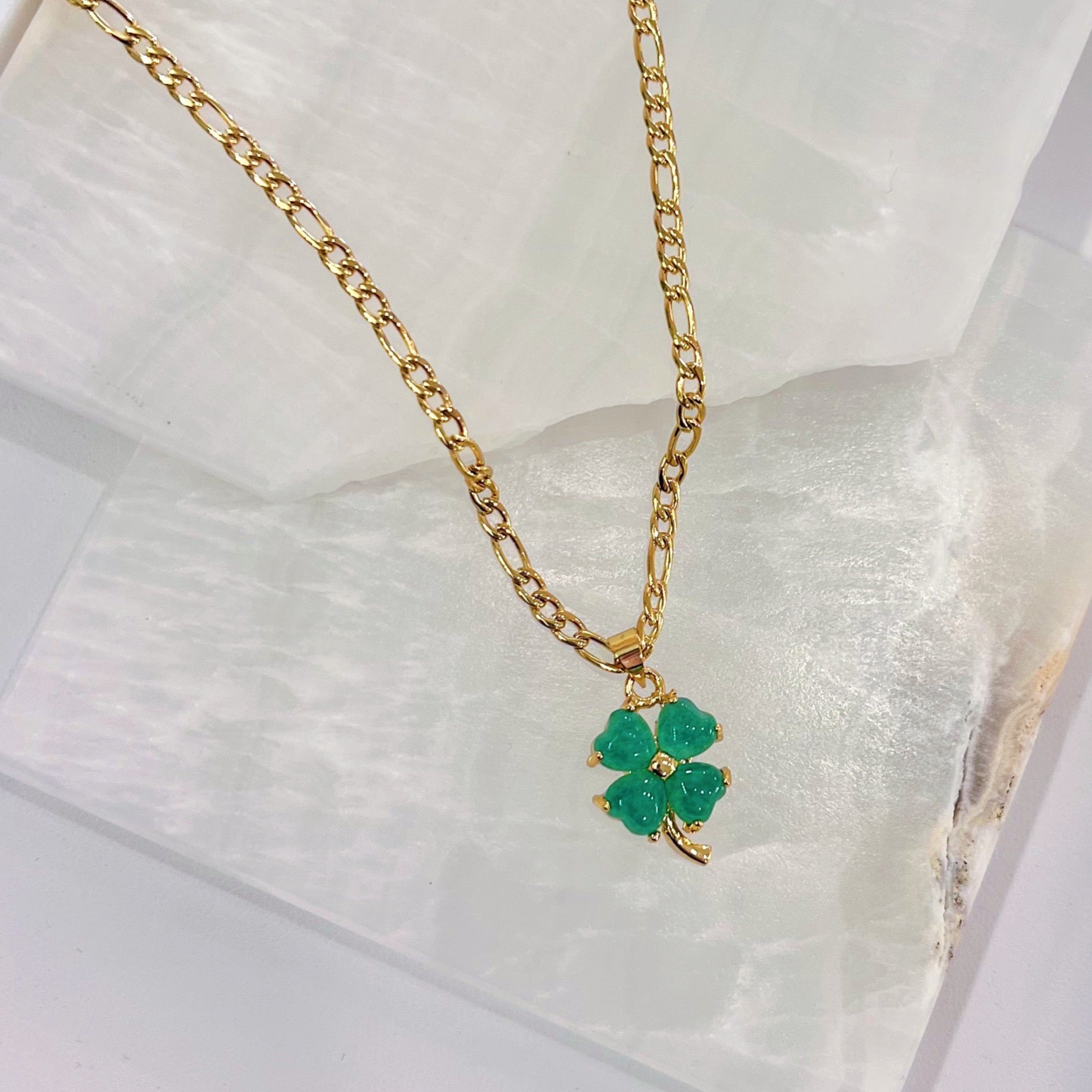 Lucky Clover Green Jade Mini Necklace 16 Inches / Twisted Chain