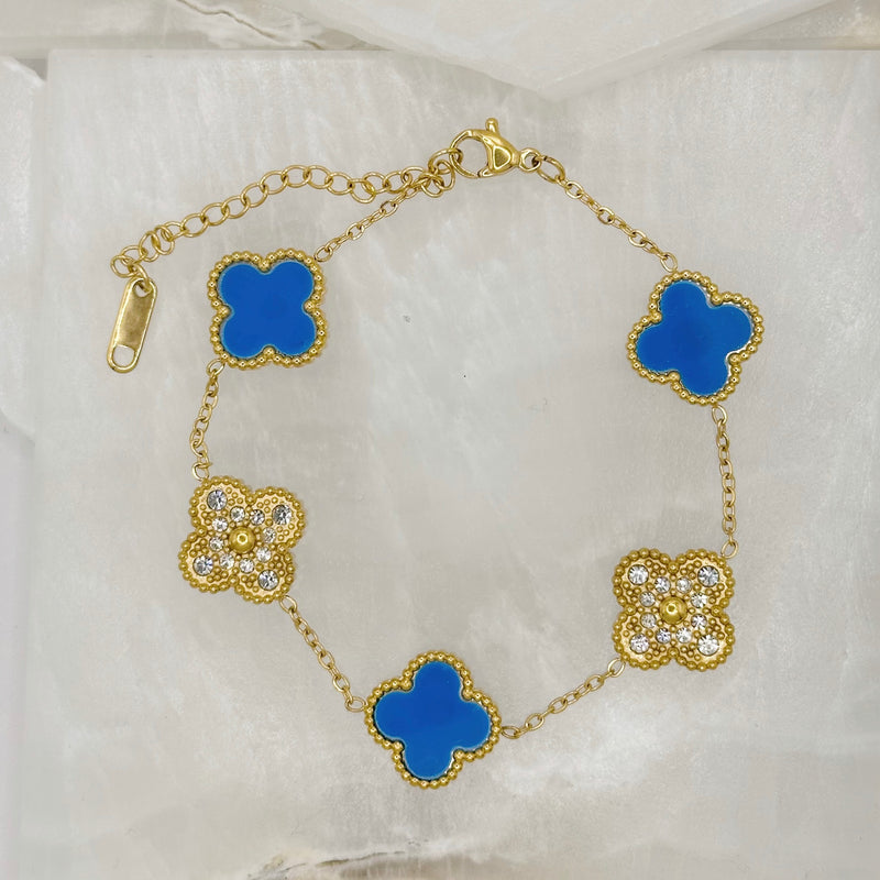 BLUE & CRYSTAL CLOVER GOLD STEEL bracelet