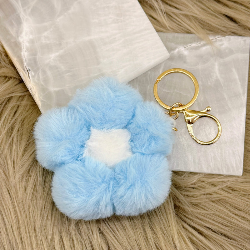 LIGHT BLUE FLOWER POMPOM keychain