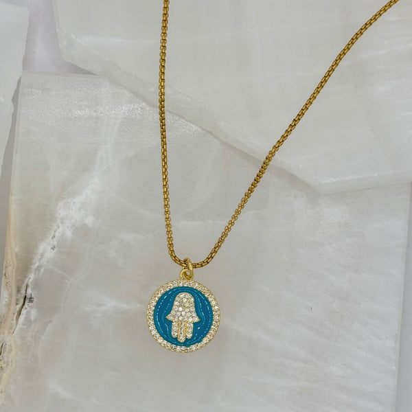 TEAL ENAMEL CRYSTAL HAMSA CIRCLE necklace