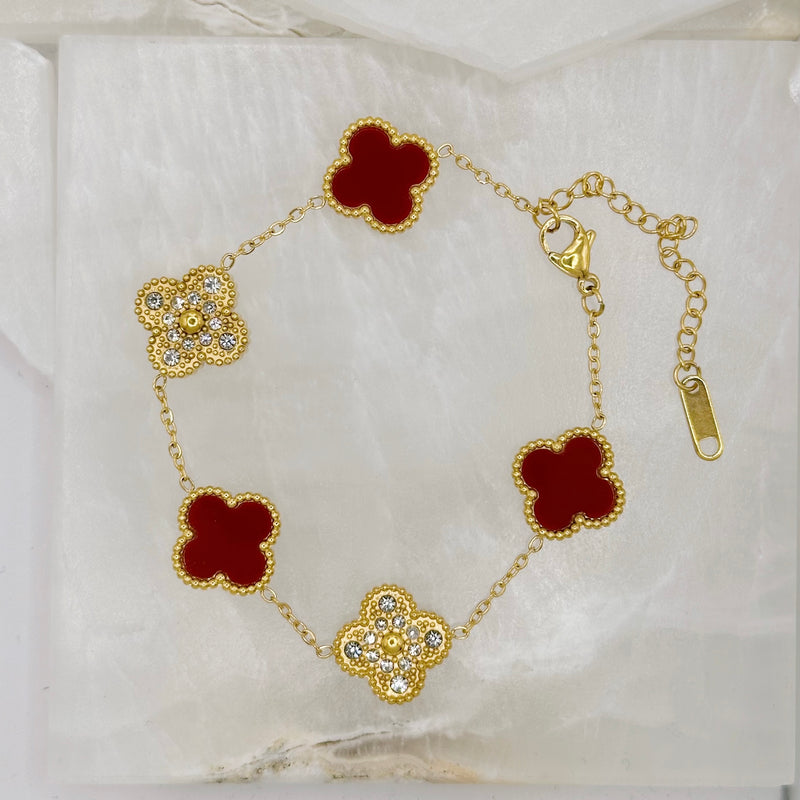 RED & CRYSTAL CLOVER GOLD STEEL bracelet