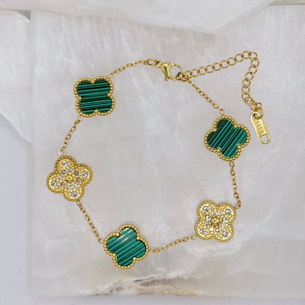 MALACHITE & CRYSTAL CLOVER GOLD STEEL bracelet