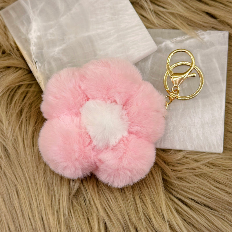 PINK FLOWER POMPOM keychain