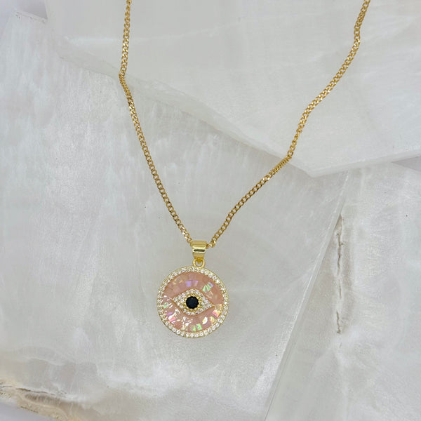 PINK MOTHER OF PEARL EVIL EYE necklace