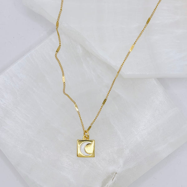 WHITE CRESCENT MOON SQUARE MEDALLION necklace