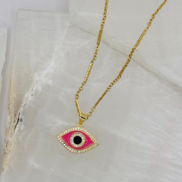 HOT PINK ENAMEL CRYSTAL EVIL EYE necklace