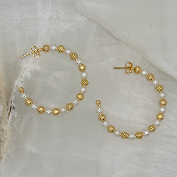 4MM LARGE GOLD & PEARL BEADED HOOP earrings