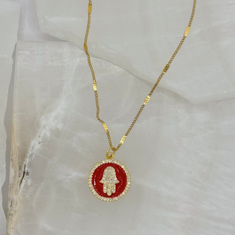 RED ENAMEL CRYSTAL HAMSA CIRCLE necklace