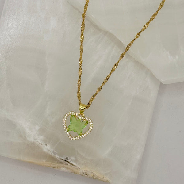 LIGHT GREEN BUTTERFLY HEART necklace