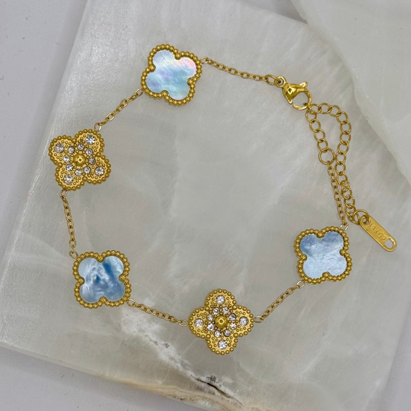 BLUE MOTHER OF PEARL & CRYSTAL CLOVER GOLD STEEL bracelet