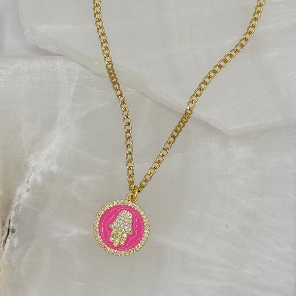 PINK ENAMEL CRYSTAL HAMSA CIRCLE necklace