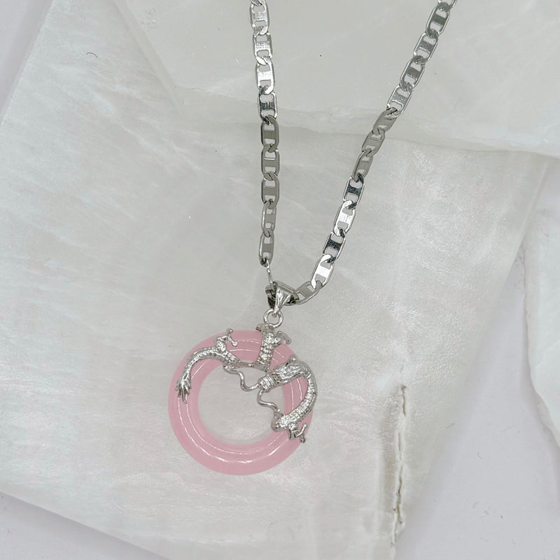 SILVER ROUND DRAGON PINK JADE necklace