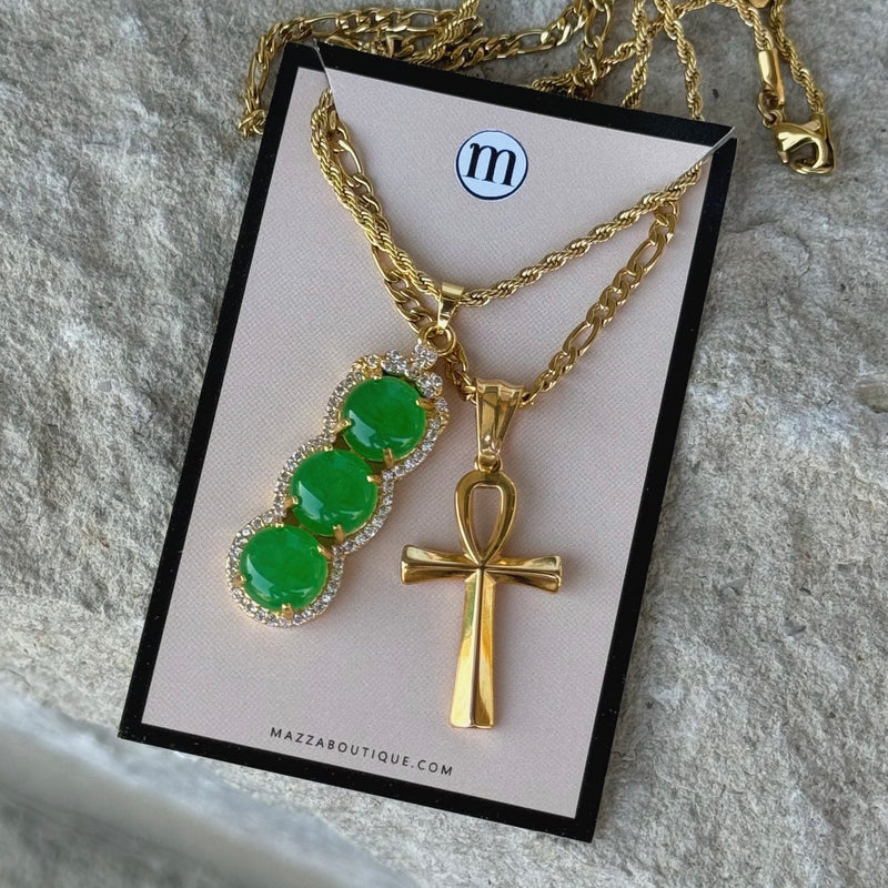 CRYSTAL LUCKY GREEN JADE SIMPLE ANKH set