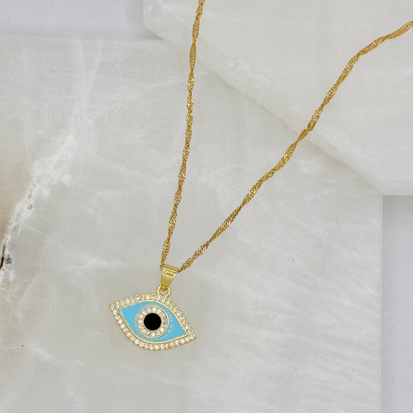 LIGHT BLUE ENAMEL CRYSTAL EVIL EYE necklace