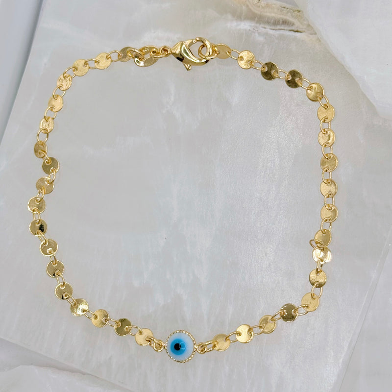 SINGLE WHITE EVIL EYE DISC anklet