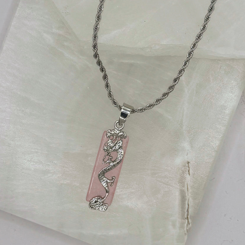 SILVER POWERFUL DRAGON PINK JADE necklace