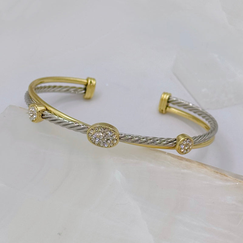 SILVER BRAIDED TWO TONE OVAL CRYSTAL bangle