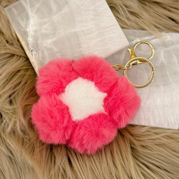 HOT PINK FLOWER POMPOM keychain