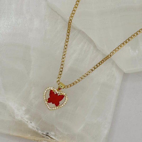 RED BUTTERFLY HEART necklace