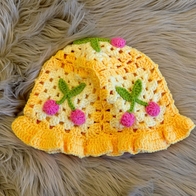 YELLOW & PINK CHERRY KNITTED bucket hat