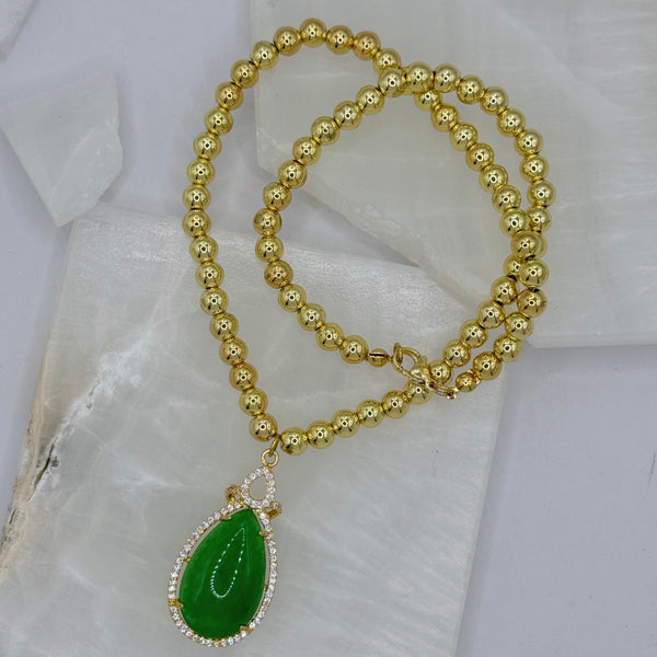 CRYSTAL TEARDROP GREEN JADE BEADED necklace