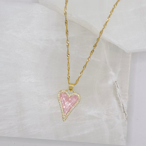 CRYSTAL PINK MOTHER OF PEARL HEART necklace