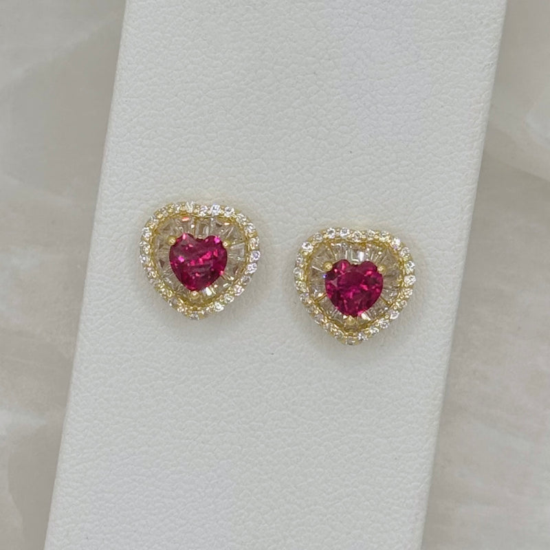 GOLD CRYSTAL HEART PINK SAPPHIRE STUD earrings