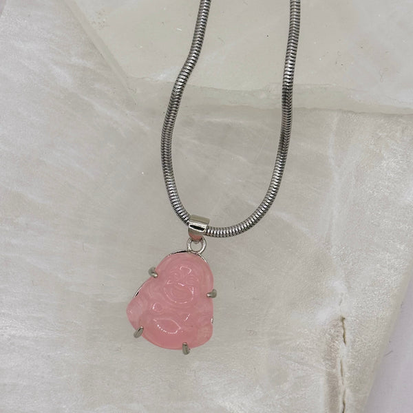 SILVER GOOD LUCK BUDDHA PINK JADE MINI necklace