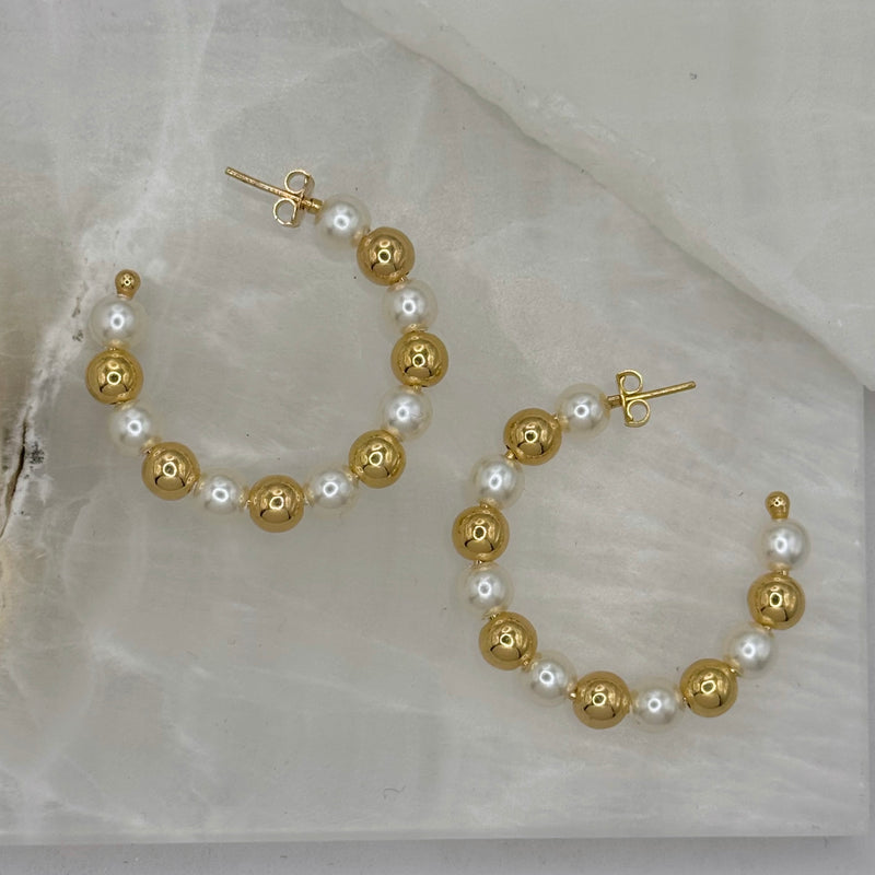 5MM LARGE GOLD & PEARL BEADED HOOP earrings