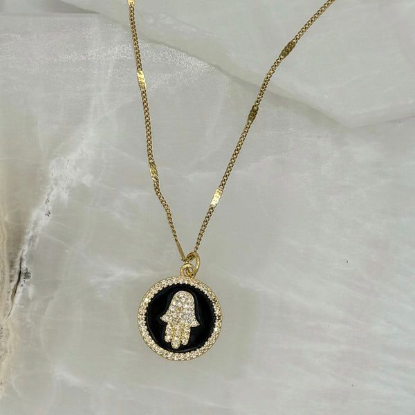 BLACK ENAMEL CRYSTAL HAMSA CIRCLE necklace