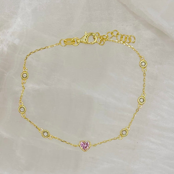 GOLD DAINTY PINK HEART CRYSTAL BEZEL bracelet