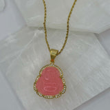 CRYSTAL PINK BUDDHA GOLD STEEL necklace