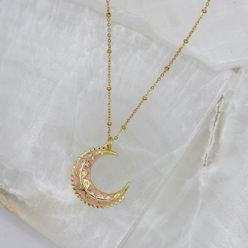 GOLD PINK ENAMEL MOON necklace