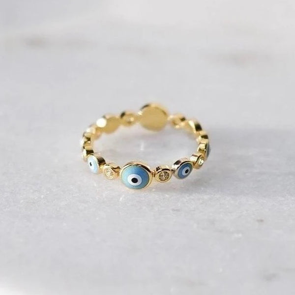 GOLD LIGHT BLUE EVIL EYE ring