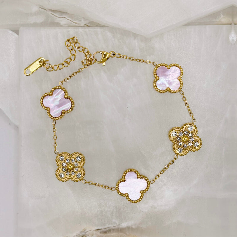 PINK & CRYSTAL CLOVER GOLD STEEL bracelet