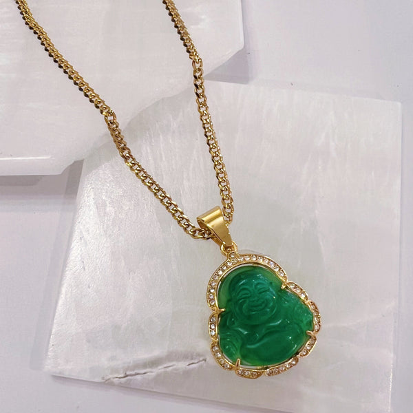 Green and store gold buddha necklace